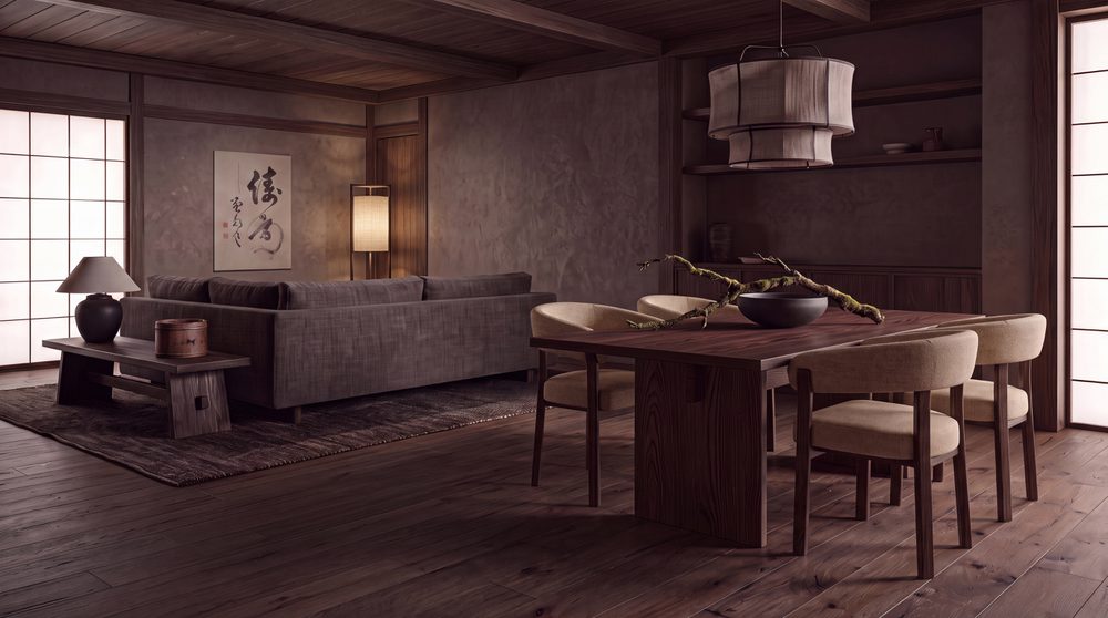 Donkere houten vloer in Japandi interieur