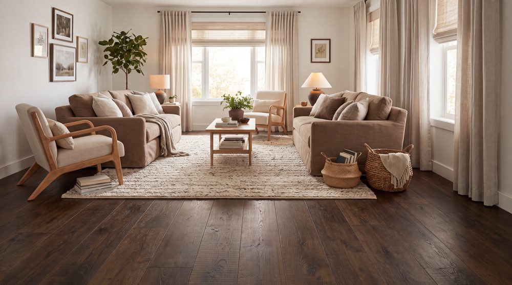 Donkere houten vloer in kleinere woonkamer