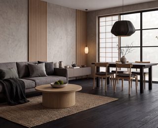 Donkere houten vloer in minimalistische Japandi stijl