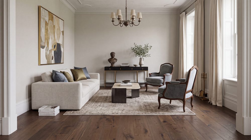 Donkere houten vloer in modern klassiek interieur